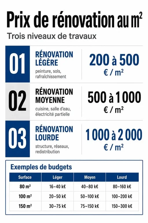 Prix de renovation au m2 : comparaison des fourchettes de coûts selon le niveau de travaux et la surface