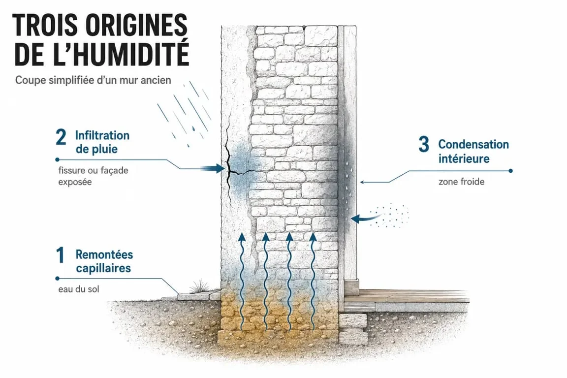 Isoler mur humide maison ancienne : schéma des trois causes d’humidité dans un mur ancien