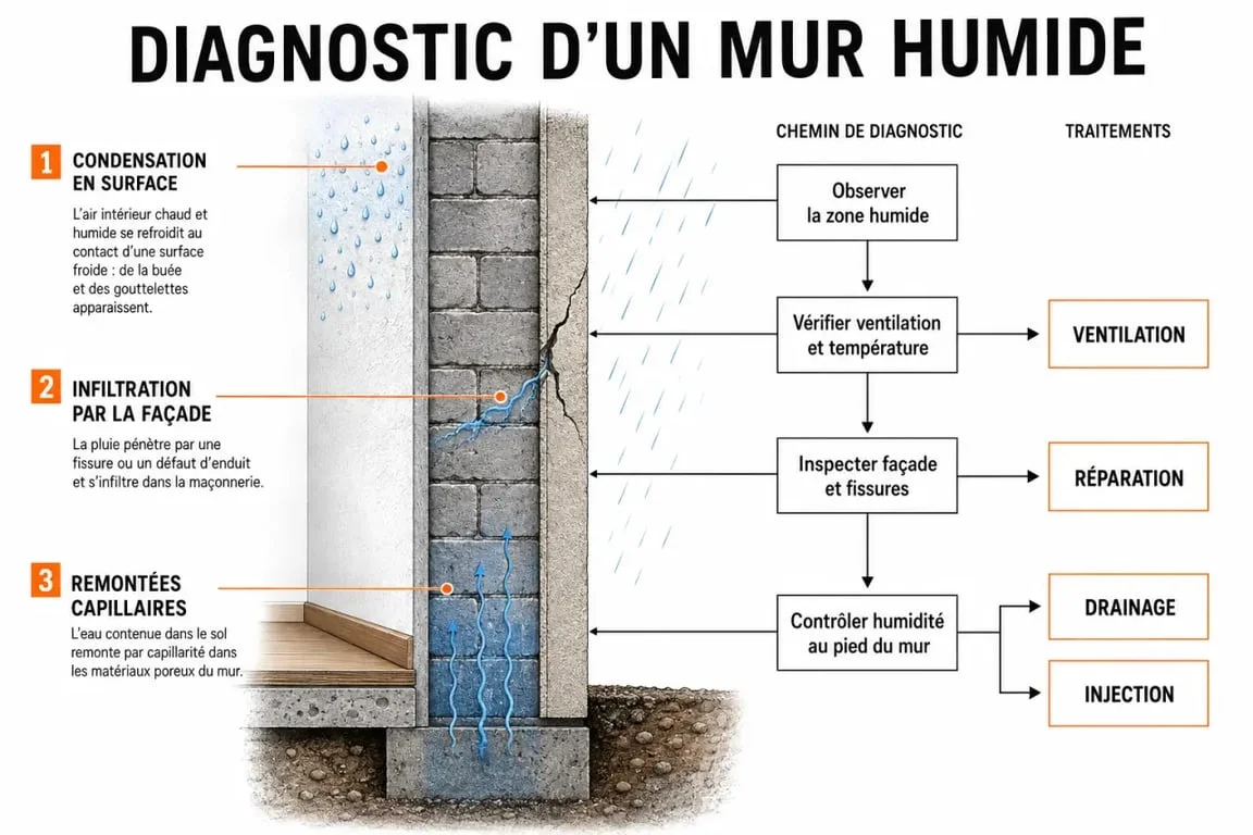 Traitement d'un mur humide : schéma des causes, du diagnostic et des solutions