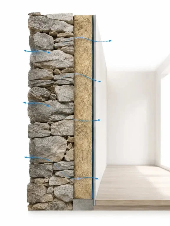 Isolation mur intérieur maison ancienne en coupe, avec mur ancien en pierre, isolant perspirant et gestion de l’humidité