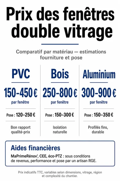 Prix des fenêtres double vitrage : comparatif PVC, bois et aluminium avec pose et aides