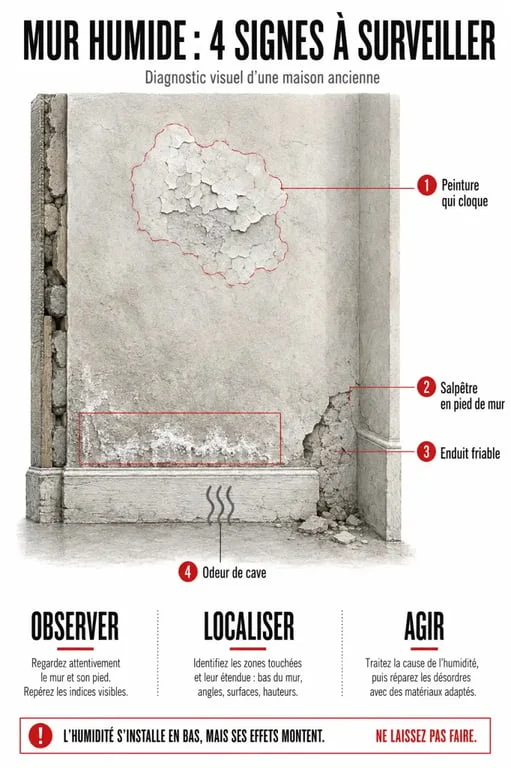 Isoler mur humide maison ancienne : signes visuels d’un mur à diagnostiquer avant travaux
