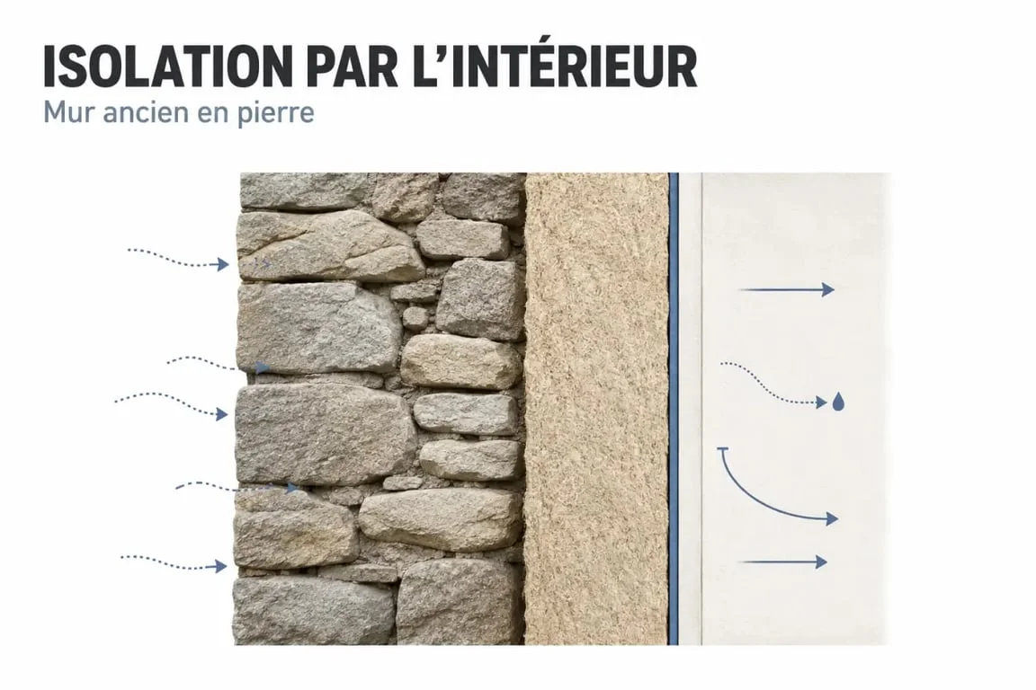 Isolation maison ancienne par l'intérieur : coupe technique d’un mur en pierre avec couches isolantes et flux d’humidité
