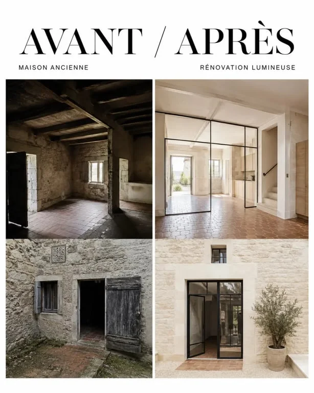 Maison ancienne rénovée : avant/après d’une maison en pierre transformée avec lumière, verrière et finitions contemporaines