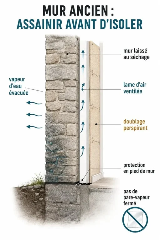 Isoler mur humide maison ancienne : coupe simplifiée d’une pose compatible après assainissement