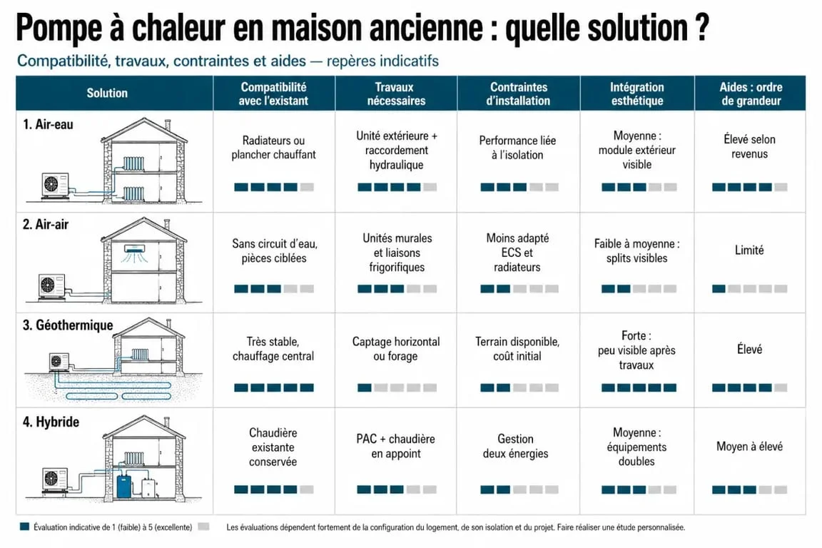 Pompe à chaleur en maison ancienne : comparatif visuel des solutions air-eau, air-air, géothermique et hybride
