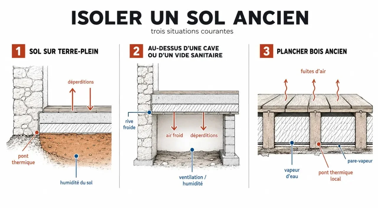 Isolation sol maison ancienne : schéma comparatif des solutions par-dessus, par-dessous et en périphérie